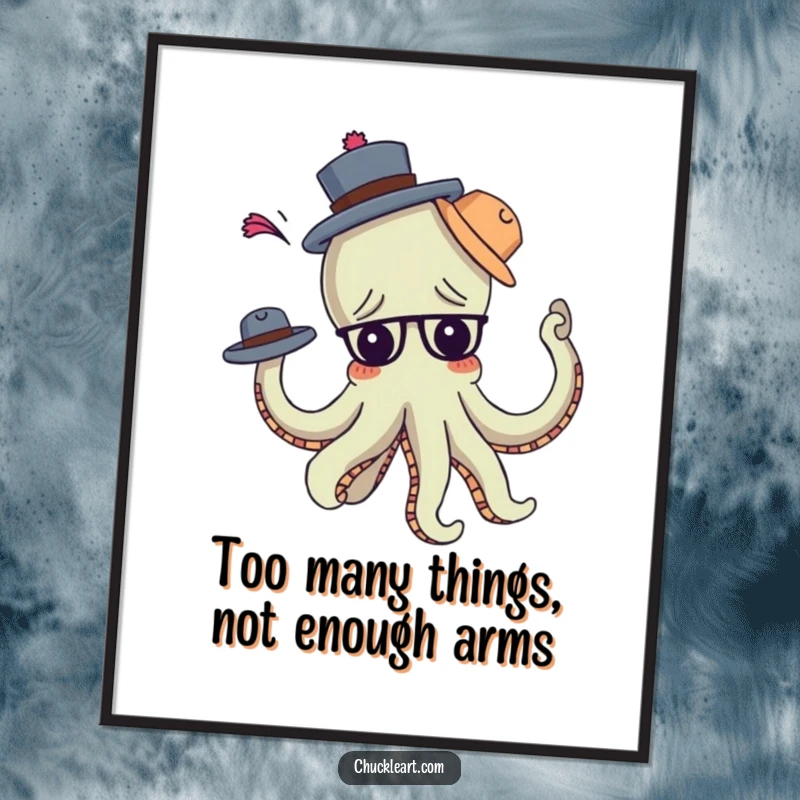 Funny Free Printable Wall Art: A comically confused octopus with its arms tangled in an array of colorful hats.