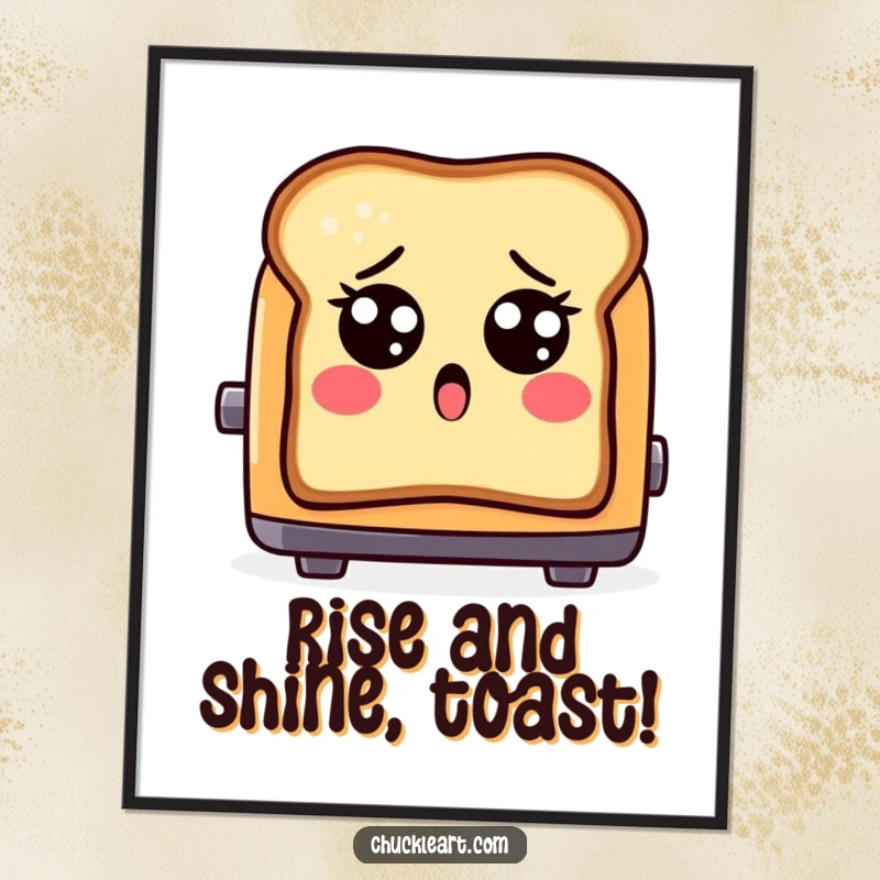 Funny free printable wall art depicting a shocked piece of toast with wide eyes dramatically popping out of a toaster, breakfast humor.