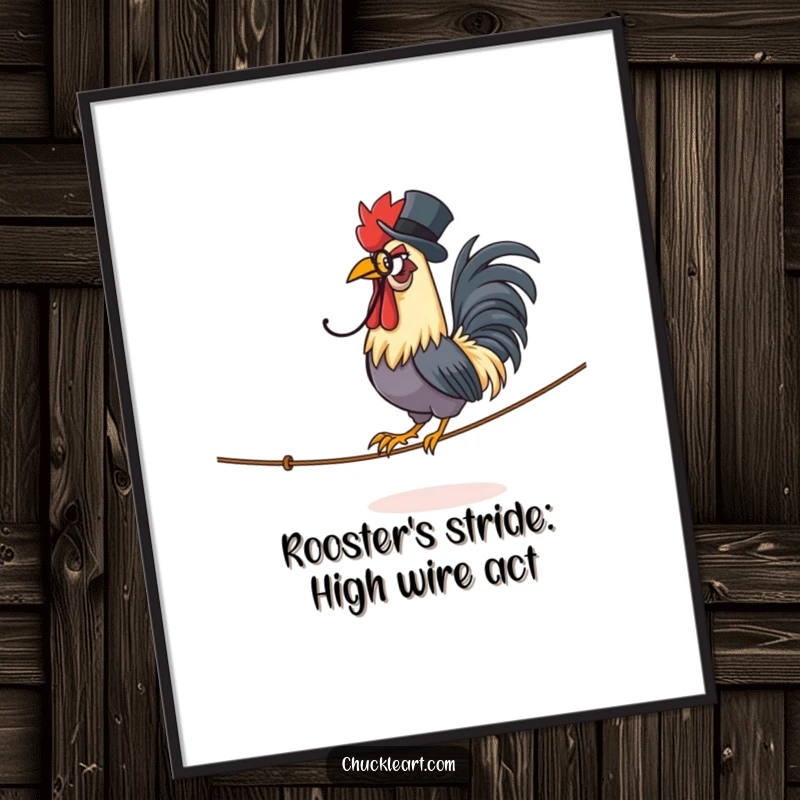 Funny Free Printable Wall Art: A proud rooster in a monocle and top hat performs a daring walk on a tightrope.