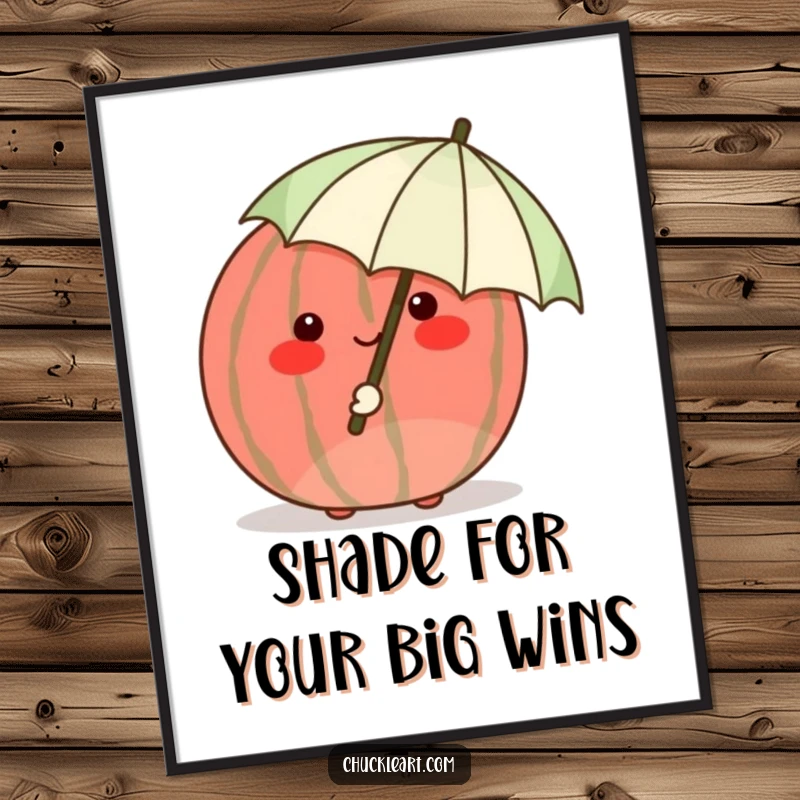 Funny free printable wall art of a shy watermelon blushing crimson and hiding behind a single, tiny umbrella, radiating bashfulness.