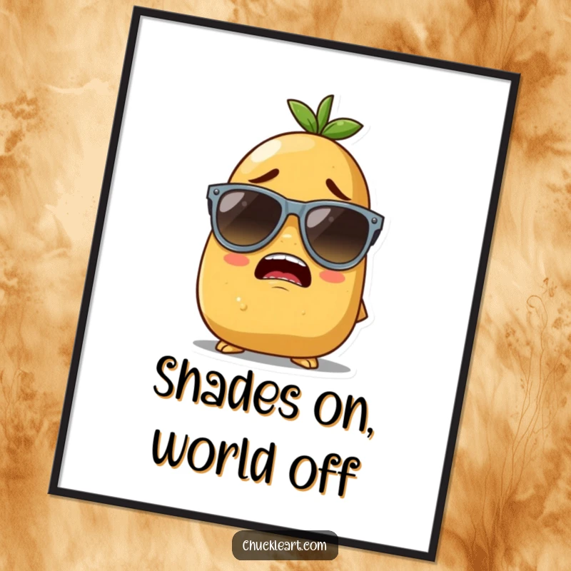 Funny Free Printable Wall Art of a determined potato character hilariously trying to keep giant sunglasses perched on its starchy face.