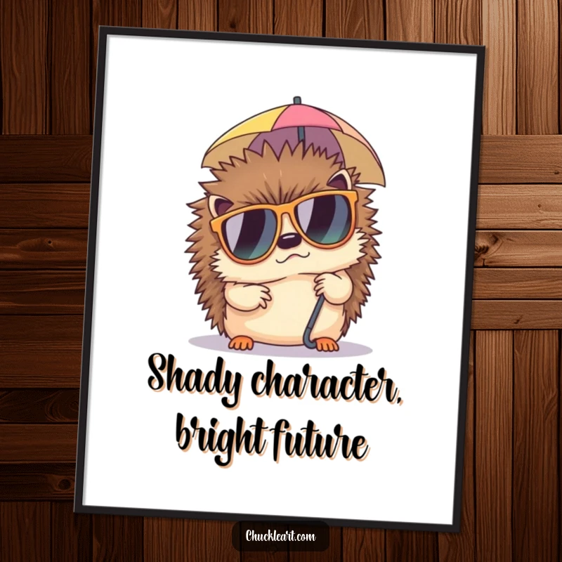 Funny Free Printable Wall Art: Grumpy hedgehog in sunglasses napping peacefully under a tiny umbrella, cool decor.
