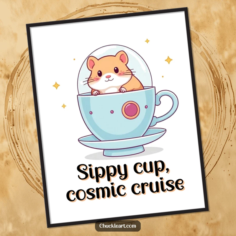 Funny Free Printable Wall Art: A small hamster pilots a giant teacup like a spaceship, exploring the vast unknown.