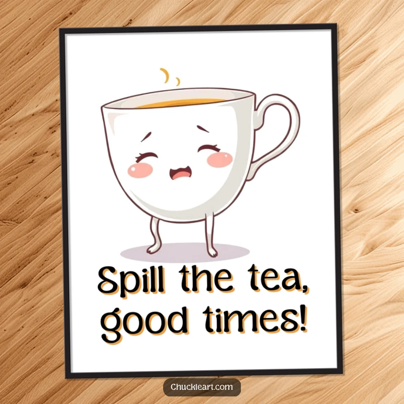 Funny free printable wall art of a bewildered teacup with legs, awkwardly attempting to pour itself a drink, charmingly absurd.