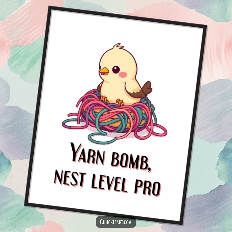 Funny Free Printable Wall Art: A bird humorously attempts to construct a nest using a chaotic tangle of colorful yarn pieces.