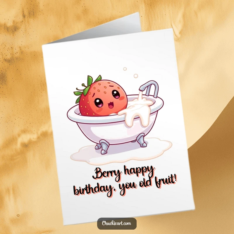 Funny Free Printable Birthday Card: A strawberry looks shocked in an overflowing milk bath, a perfect DIY greeting.