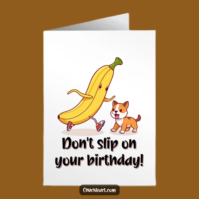 Free Printable Funny Birthday Card: Banana Peel Prankster Dog Downloadable Gift
