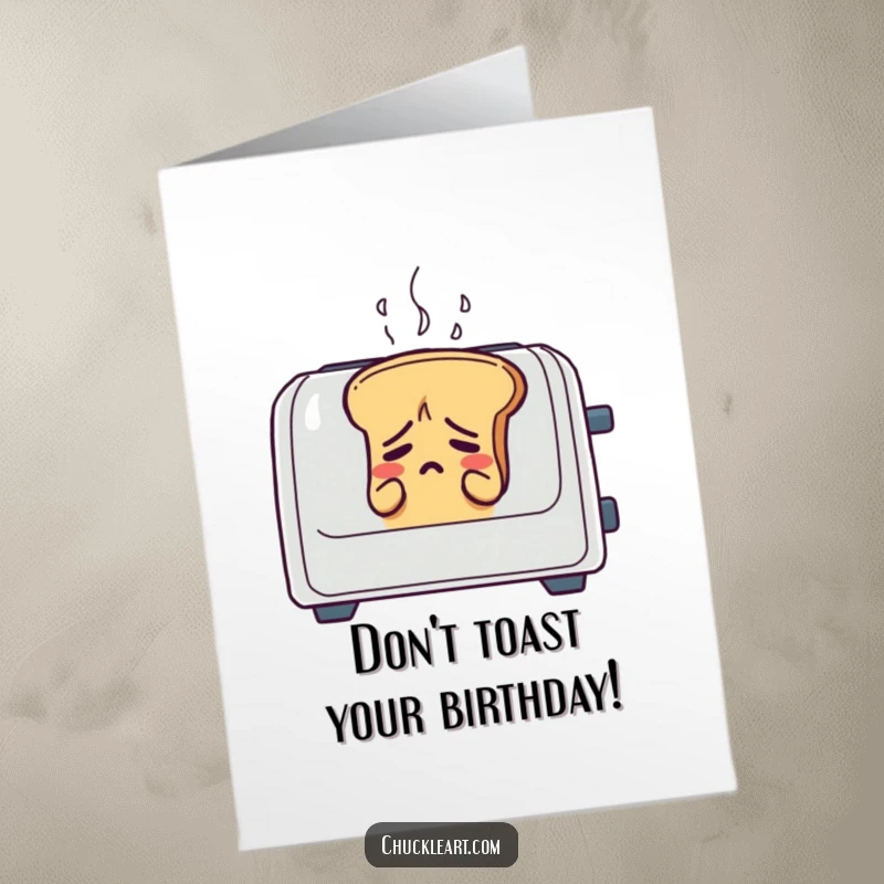 Funny Free Printable Birthday Card: A loaf of bread sweats in a toaster, a picture of birthday jitters.