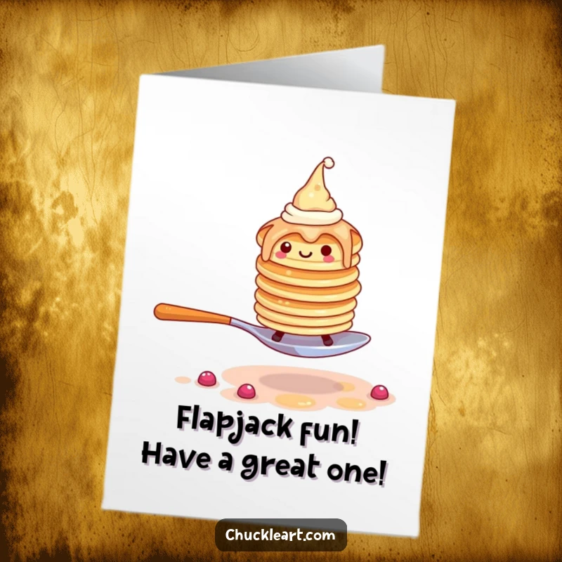 Funny free printable birthday card: wobbly pancakes in tiny hats fleeing giant fork, a comical escape scene.