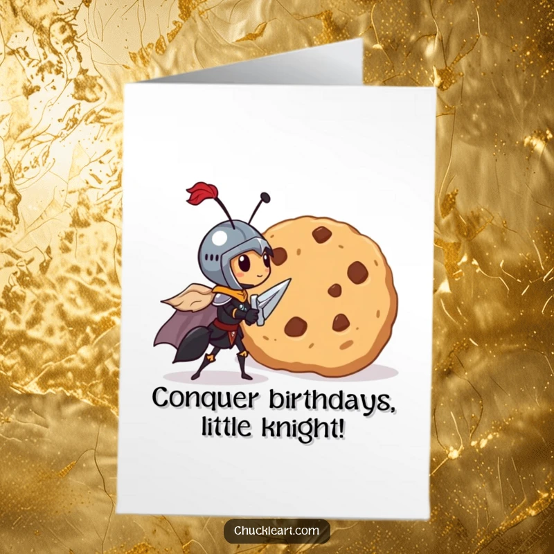 Funny Free Printable Birthday Card: Tiny ant knight bravely faces a giant cookie on a quest for birthday treats.