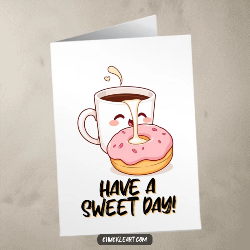Funny Free Printable Birthday Card: Winking coffee cup pours extra milk into a surprised donut.