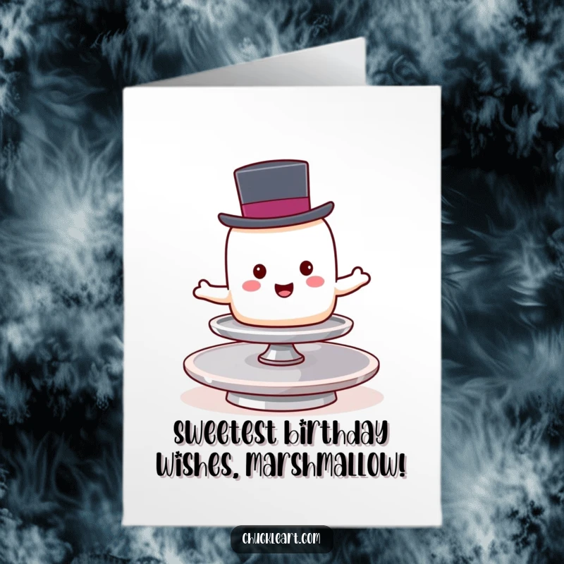 Funny Free Printable birthday card: a cheerful marshmallow in a top hat balances precariously on a spinning plate.