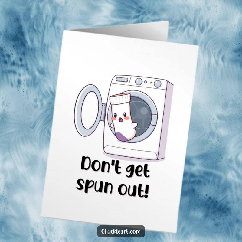 Funny Free Printable Birthday Card: A startled sock with a hole flees a washing machine.