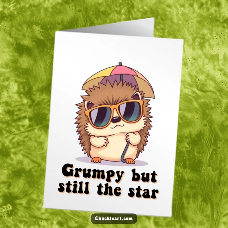 Funny Free Printable Birthday Card: Grumpy hedgehog in sunglasses napping under an umbrella, a perfect downloadable gift.
