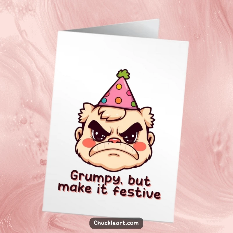 Funny Free Printable Birthday Card: A grumpy cartoon face sporting a ridiculously oversized and colorful party hat, looking unimpressed.