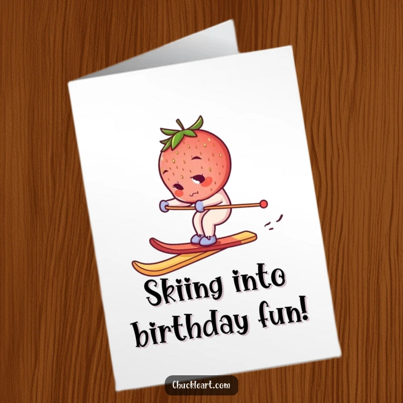 Funny Free Printable Birthday Card: A determined strawberry bravely skiing down a breadstick slope.