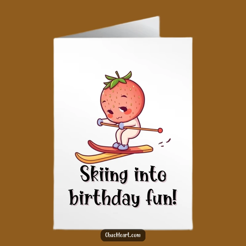 Free Printable Birthday Card: Skiing Strawberry, Hilarious Downloadable Gift for Adventurers