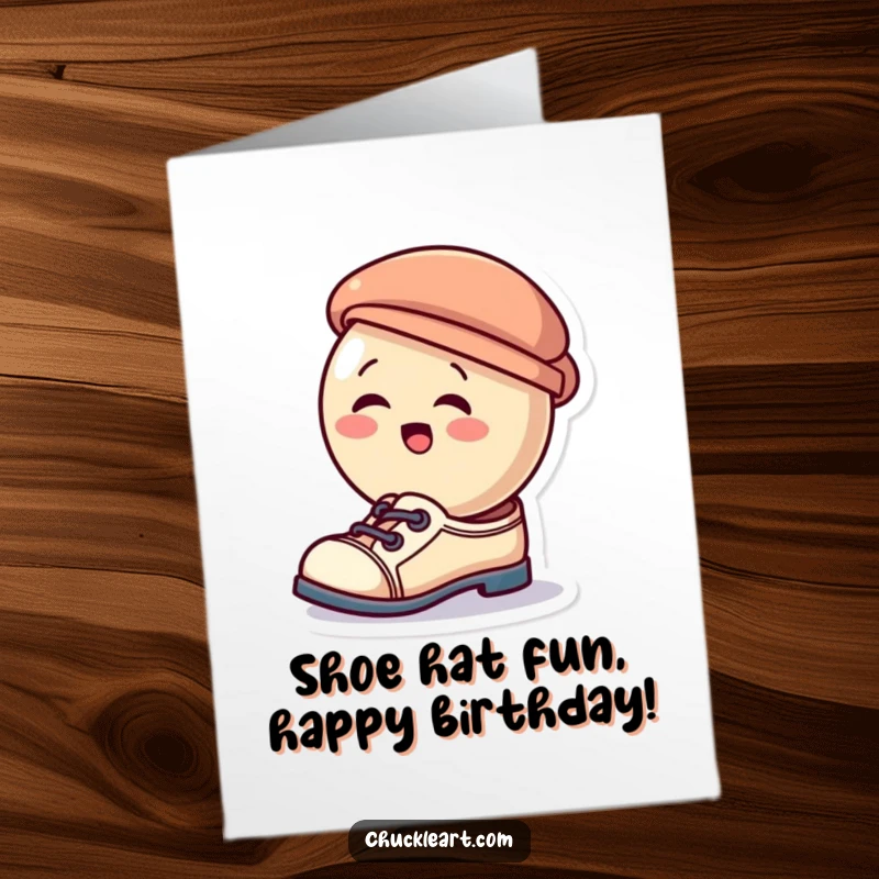 Funny Free Printable Birthday Card: Giggling button wears tiny hat as a shoe, spreading birthday cheer. Adorable and hilarious.