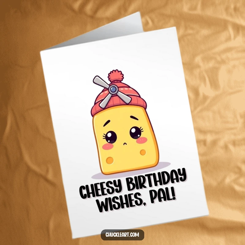 Funny Free Printable Birthday Card: Bewildered cheese slice sports a tiny propeller beanie, wishing a hilariously happy birthday.