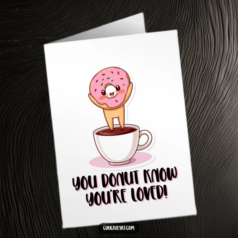 Funny Free Printable Donut Birthday Card: A donut balancing in a headstand on a coffee cup, perfect for birthdays.
