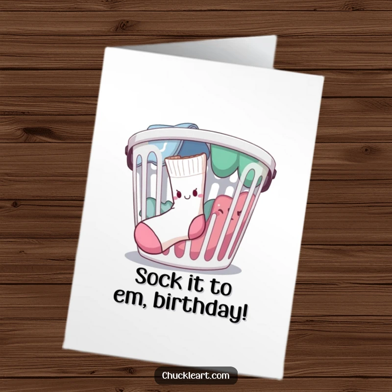 Funny free printable birthday card showing a determined single sock actively climbing out of a laundry basket, making a getaway.