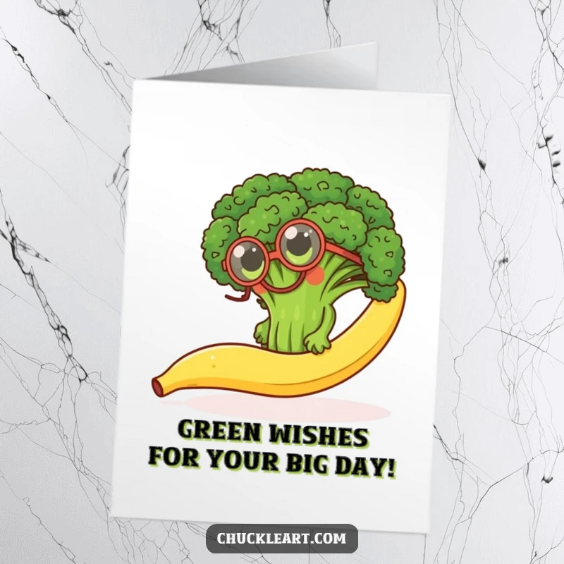 Funny free printable birthday card: broccoli in monocle struggling up a banana peel, a determined, comical effort.
