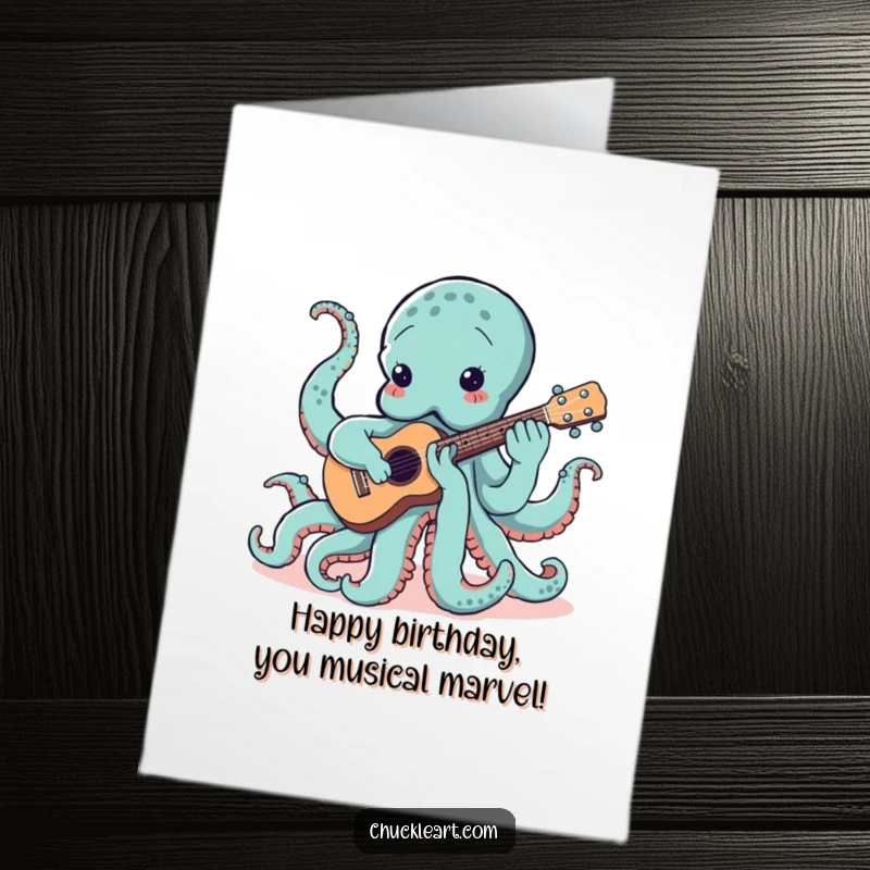 Funny Free Printable Birthday Card: A multi-tentacled octopus hilariously attempts to play a ukulele, looking quite flustered.