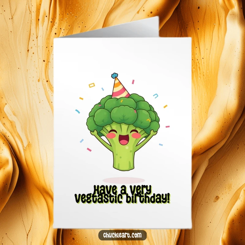 Funny Free Printable Birthday Card: A smiling broccoli wearing a party hat with confetti, cheering joyfully for a birthday.