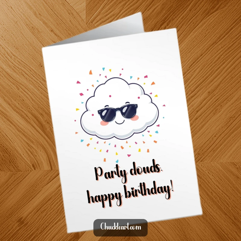Funny free printable birthday card featuring a giggling cloud wearing sunglasses, raining colorful confetti, celebrating joyfully.