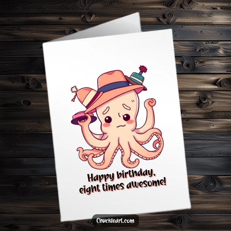 Funny Free Printable Birthday Card: A confused octopus tangles its arms trying to wear multiple hats, celebrating a birthday.