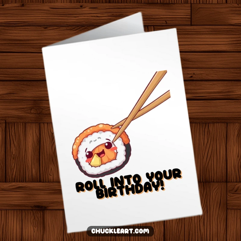 Funny Free Printable Sushi Birthday Card: A piece of sushi is comically trying to escape hungry chopsticks for birthdays.