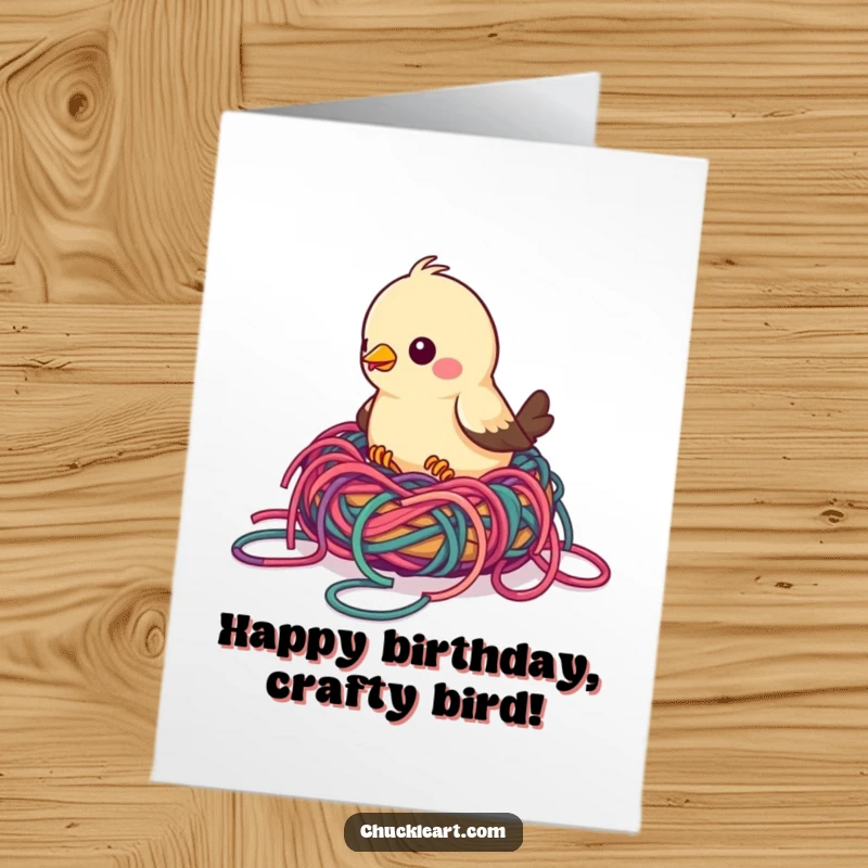 Funny Free Printable Birthday Card: A bird struggles humorously to build a nest from brightly colored, tangled yarn.
