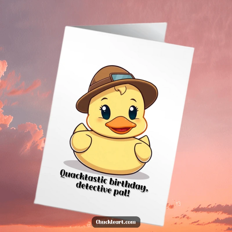 Funny Free Printable Birthday Card featuring a cute rubber duck wearing a tiny detective hat, peering closely for birthday clues.