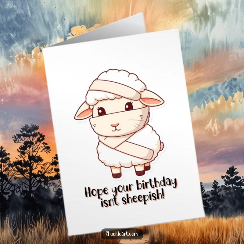 Funny Free Printable Birthday Card: A sheep wearing a giant bandage looks sheepish, a cute DIY card.
