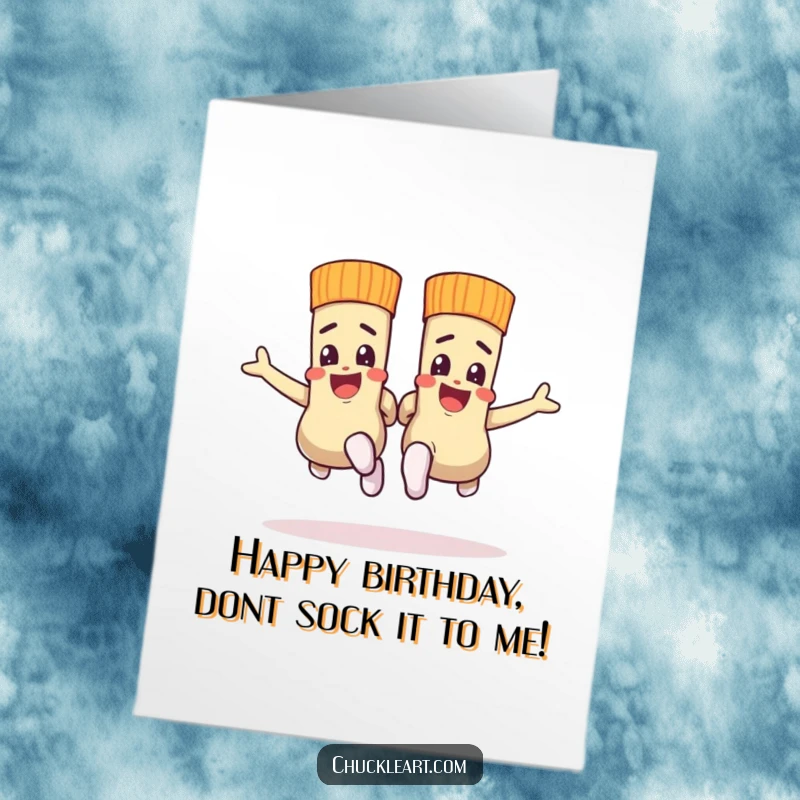 Funny Free Printable Birthday Card: Two socks are in a spirited race, a dynamic and humorous design.