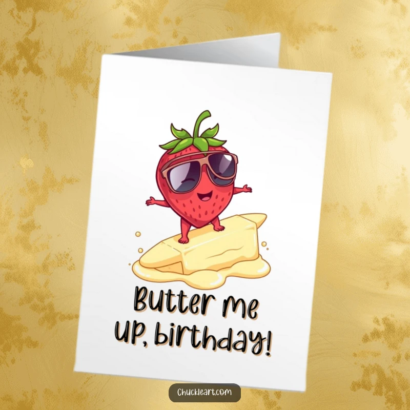Funny free printable birthday card featuring a blushing strawberry in sunglasses surfing a melting butter wave with a smile.