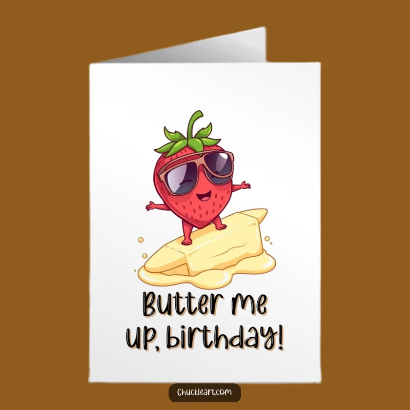 Funny Free Printable Birthday Card: Surfing Strawberry Butter Surprise Downloadable Gift