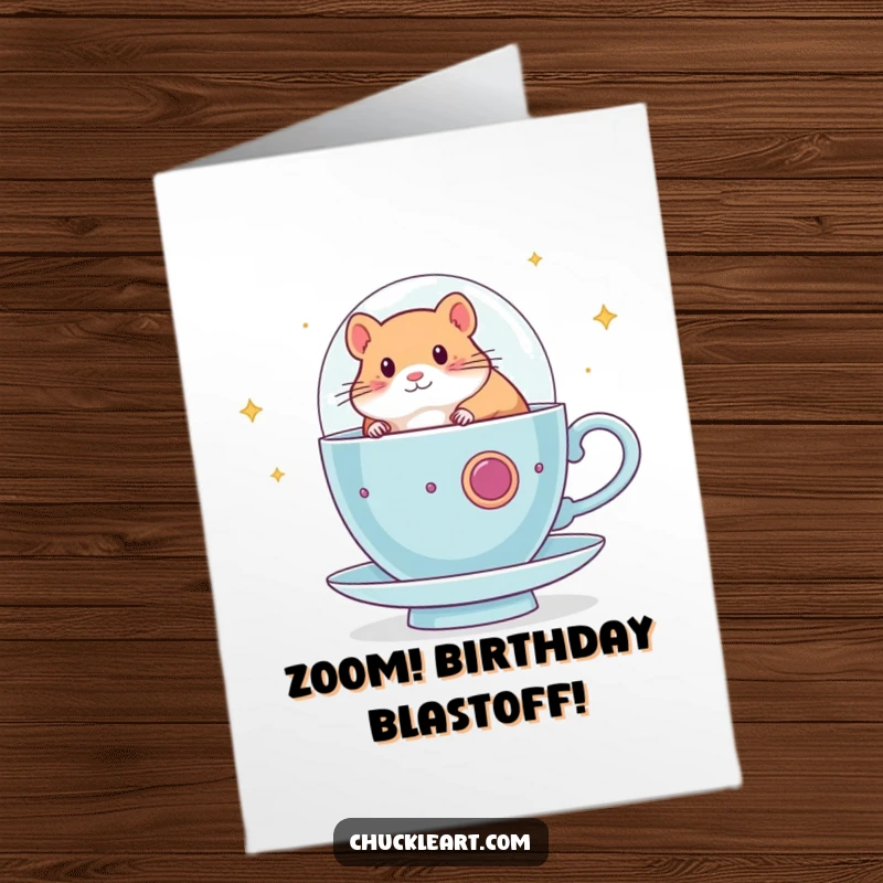 Funny Free Printable Birthday Card: A hamster bravely steers a giant teacup like a spaceship, ready for adventure.