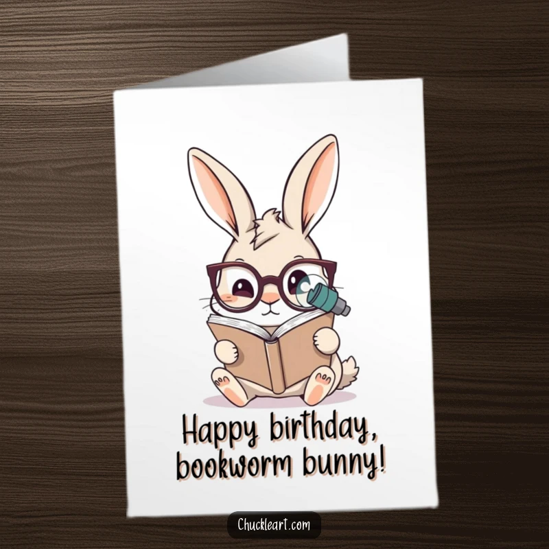 Funny Free Printable Birthday Card: A rabbit wearing huge glasses squints at a comically tiny book, a reader's plight.