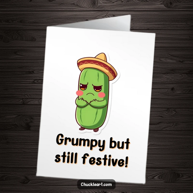 Funny Free Printable Birthday Card featuring a grumpy pickle in a sombrero getting a big hug.