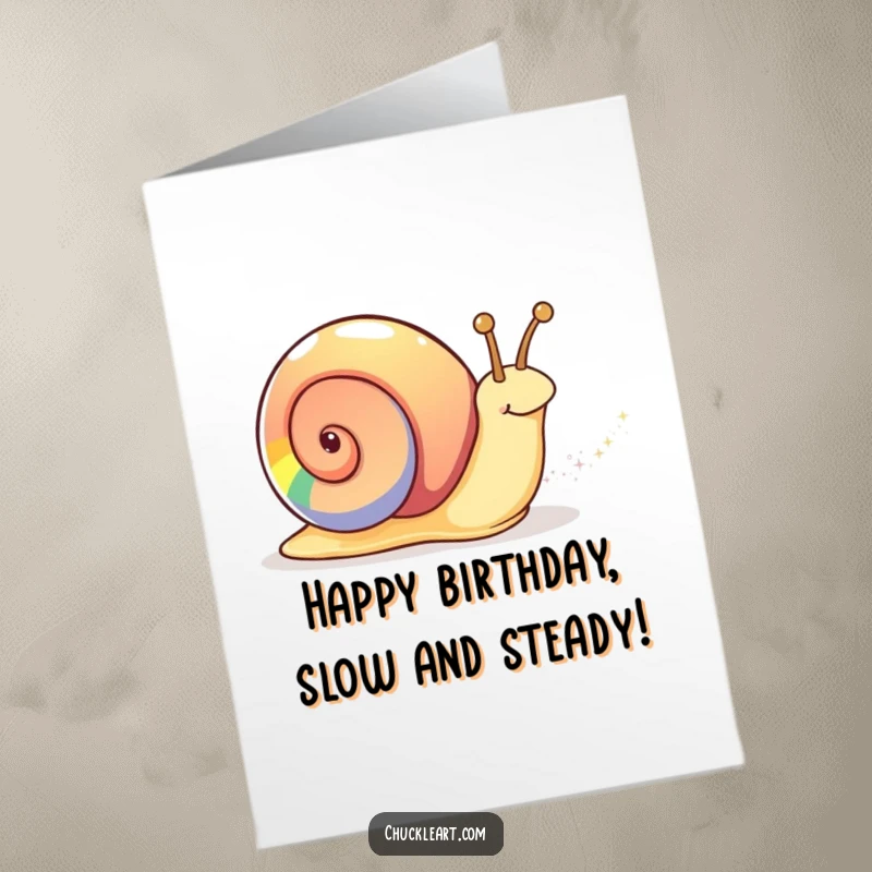 Funny Free Printable Birthday Card: A snail with a vibrant rainbow shell leaving a shimmering, sparkly trail, wishing happy birthday.
