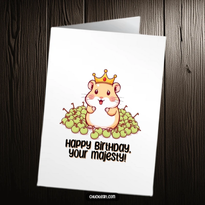 Funny Free Printable Birthday Card: A hamster in a tiny crown commands an army of peas.