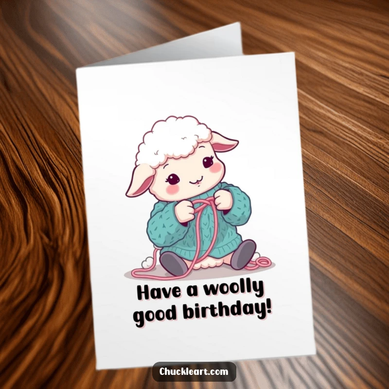 Funny Free Printable Birthday Card: A sheep hilariously tangled in yarn while trying to knit a sweater, celebrating.