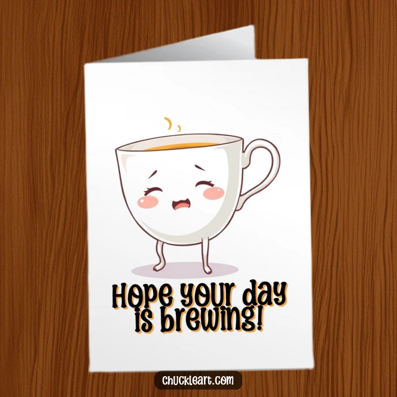 Funny free printable birthday card depicting a bewildered teacup with legs, comically trying to pour itself a drink.