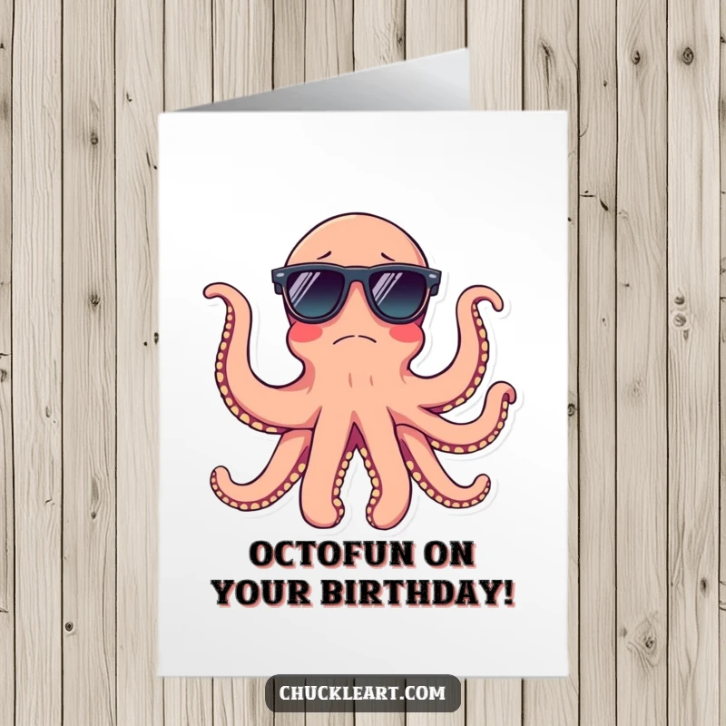 Funny Free Printable Birthday Card: A confused octopus attempts to wear sunglasses on all eight arms, a trendy birthday illustration.