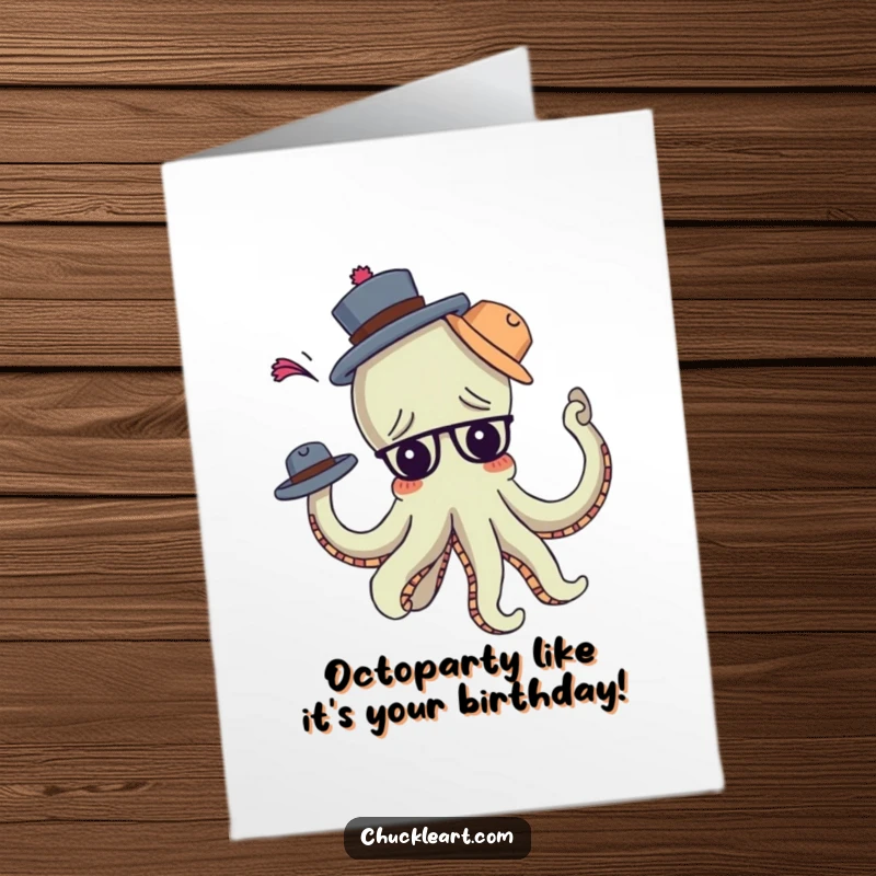 Funny Free Printable Birthday Card: A confused octopus with multiple hats tangled on its arms, celebrating humorously.