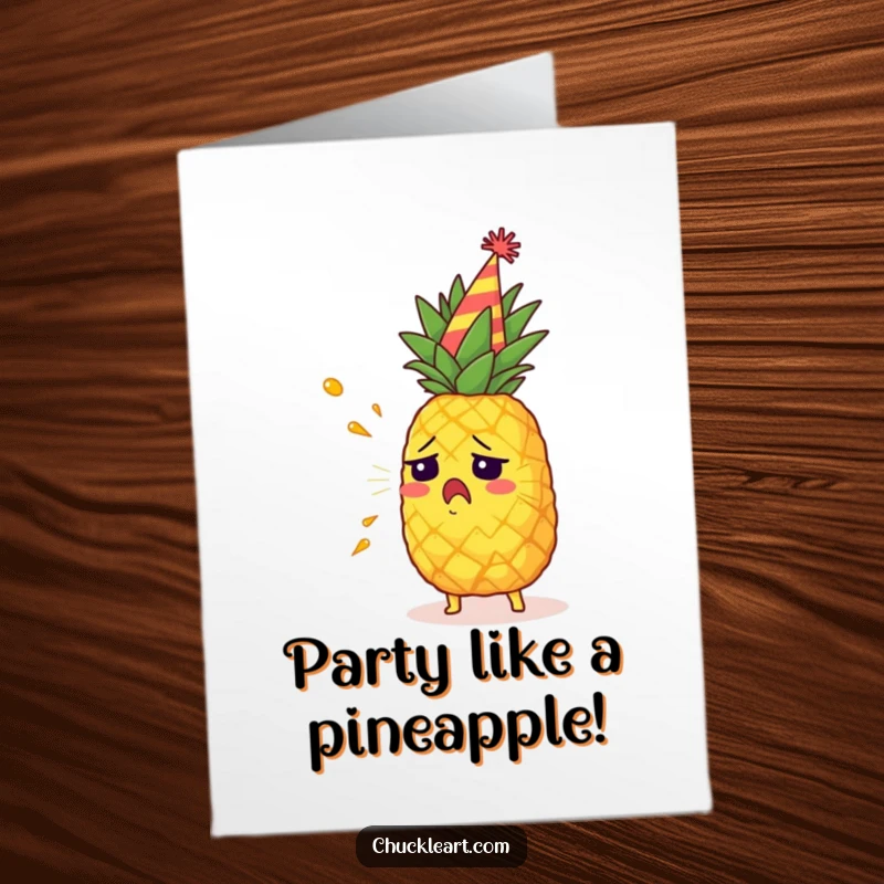 Funny free printable birthday card of a startled pineapple in a party hat accidentally spraying a powerful jet of juice, mid-celebration.