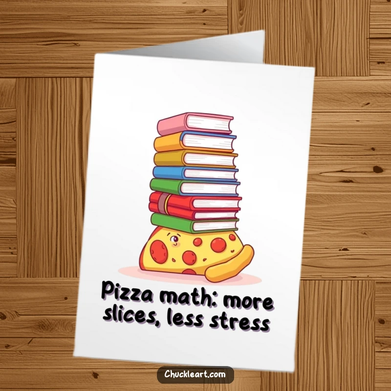 Funny Free Printable Birthday Card featuring a pizza slice precariously balancing a huge stack of books on its crust.