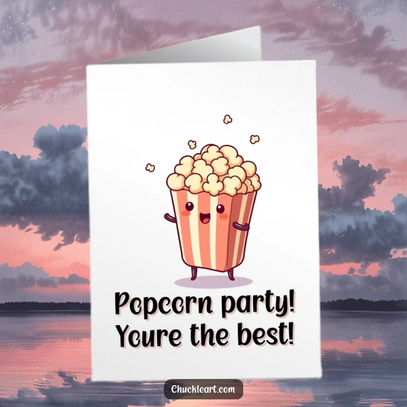Funny Free Printable Birthday Card: A piece of popcorn leaping from its bag in shock, perfect for a surprise party.