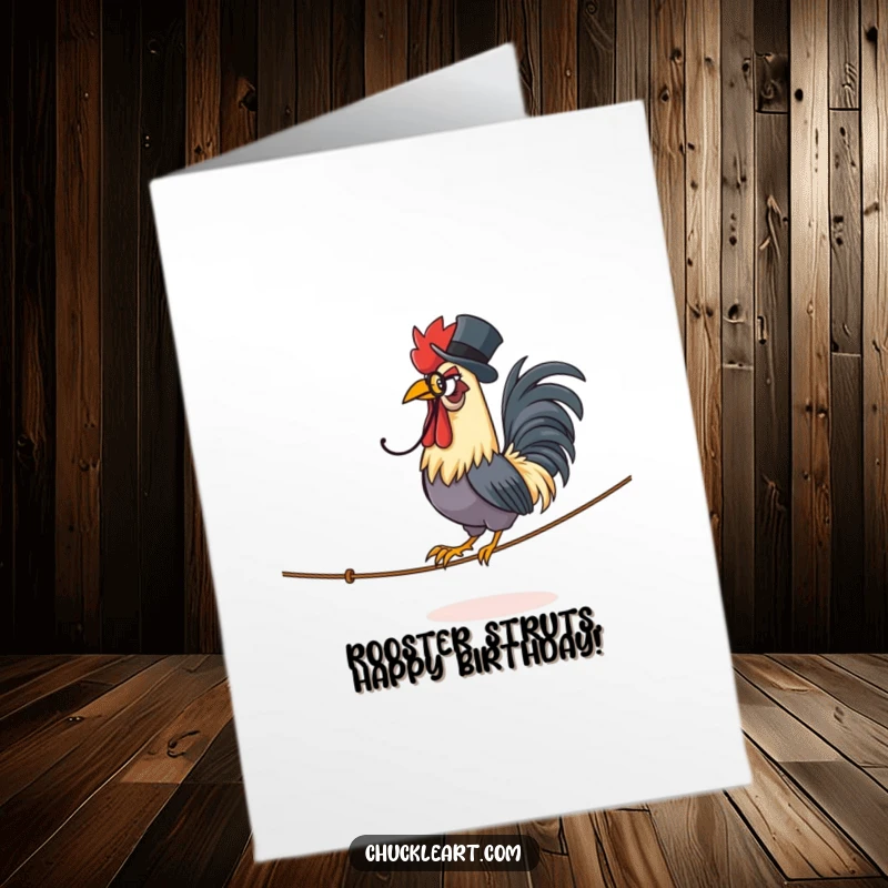 Funny Free Printable Birthday Card: A proud rooster in a monocle and top hat confidently struts on a tightrope.
